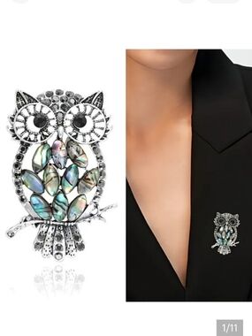 ✨3 FOR $28✨ 🆕️🦉 RESIN STONE & BLACK DIAMOND SILVER-TONE OWL BROOCH PIN🦉